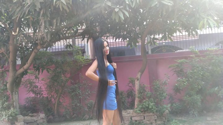 Maitreni Mishra - Wet Hair Combing, Playing & Braiding in Blue Dress - Image 12