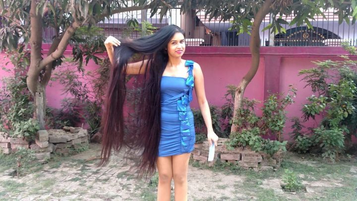 Maitreni Mishra - Wet Hair Combing, Playing & Braiding in Blue Dress - Image 14