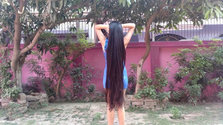 Maitreni Mishra - Wet Hair Combing, Playing & Braiding in Blue Dress - Image 3