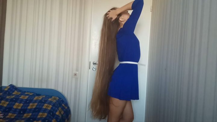 Vera Kosyakina - Thigh Length Hair Play by the Bed in Blue Dress - Image 4