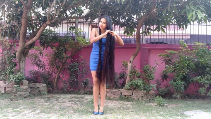 Maitreni Mishra - Wet Hair Combing, Playing & Braiding in Blue Dress - Image 7