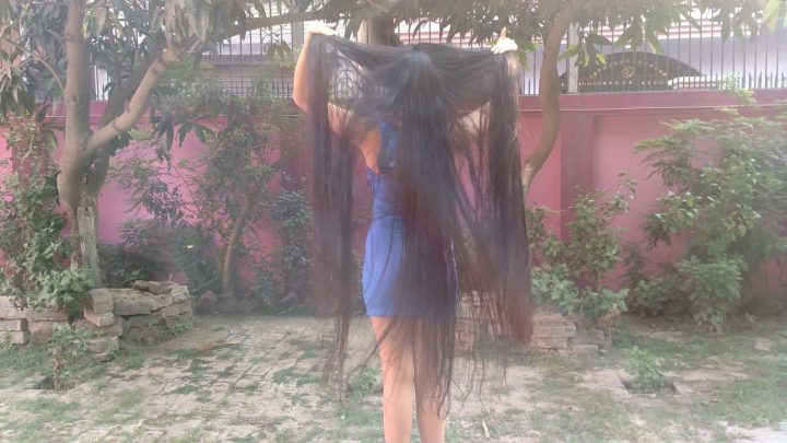 Maitreni Mishra - Wet Hair Combing, Playing & Braiding in Blue Dress - Image 9