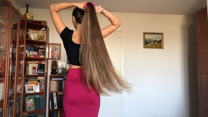 Sensual Hair Brushing in Pink Dress (Buns, Ponytails, Flaunting) - Image 14