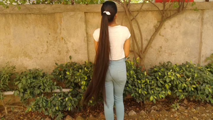 Hair Play by a Friend, Ponytails, Bun Drops, Combing with Beautiful Knee Length Dense Hair - Image 7